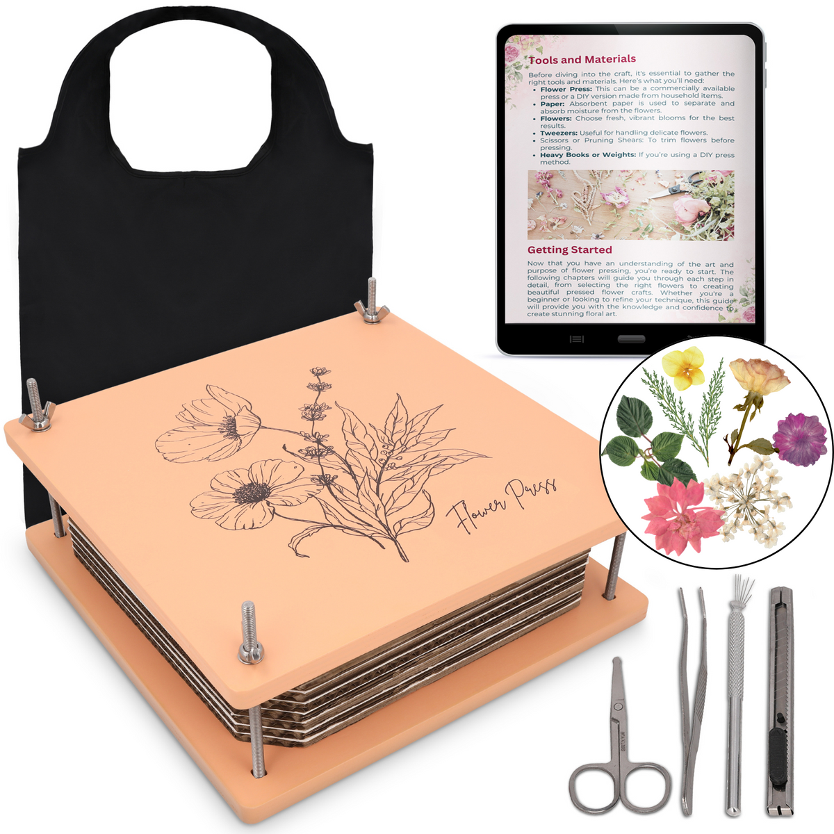 Wooden Flower Press Kit – 10 Layers with White Absorbent Sheets & Ebook Guide