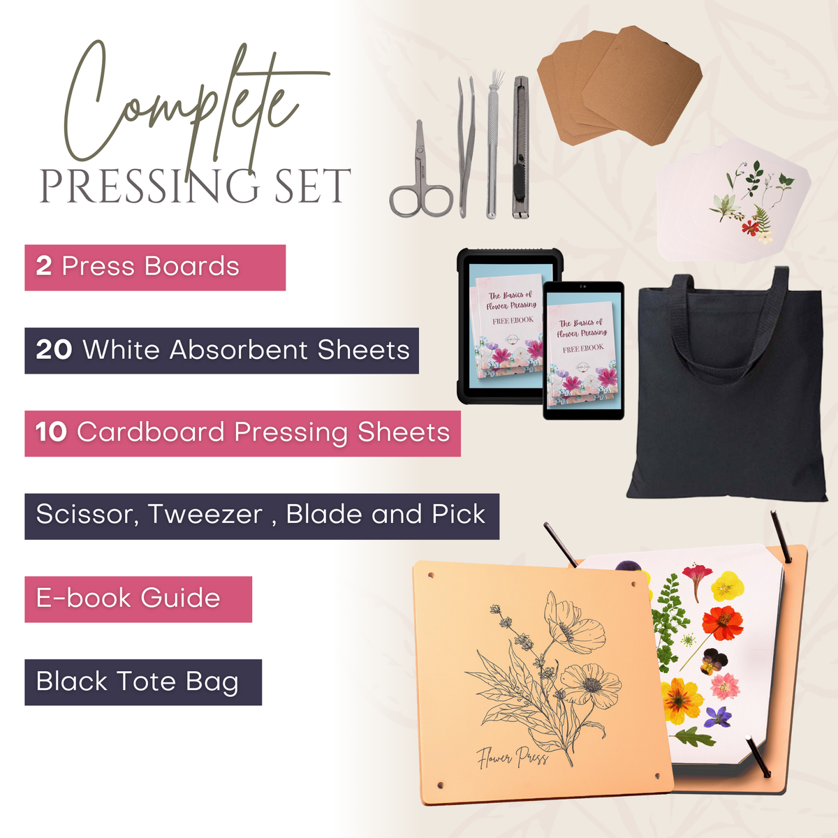 Wooden Flower Press Kit – 10 Layers with White Absorbent Sheets & Ebook Guide