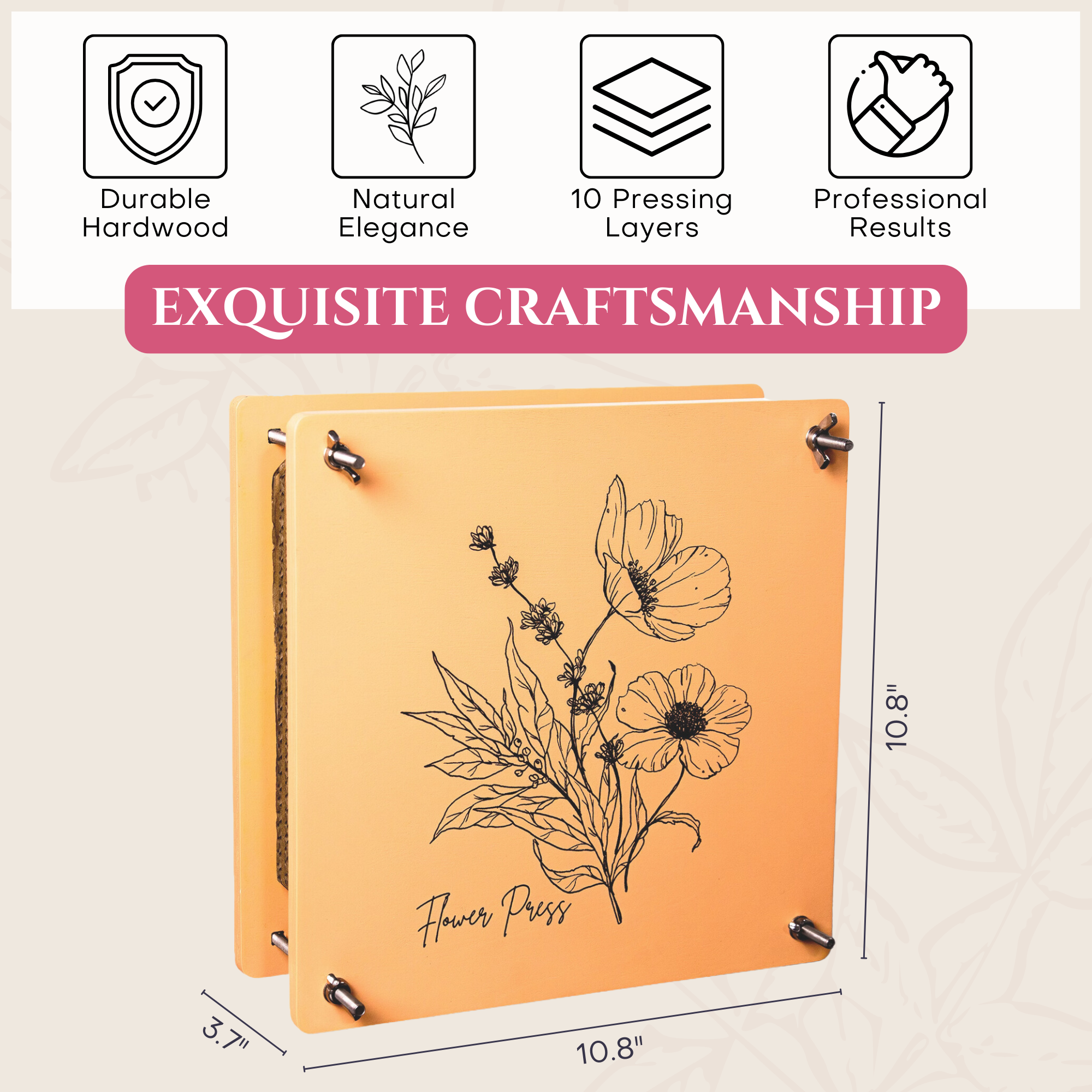 Wooden Flower Press Kit – 10 Layers with White Absorbent Sheets & Ebook Guide